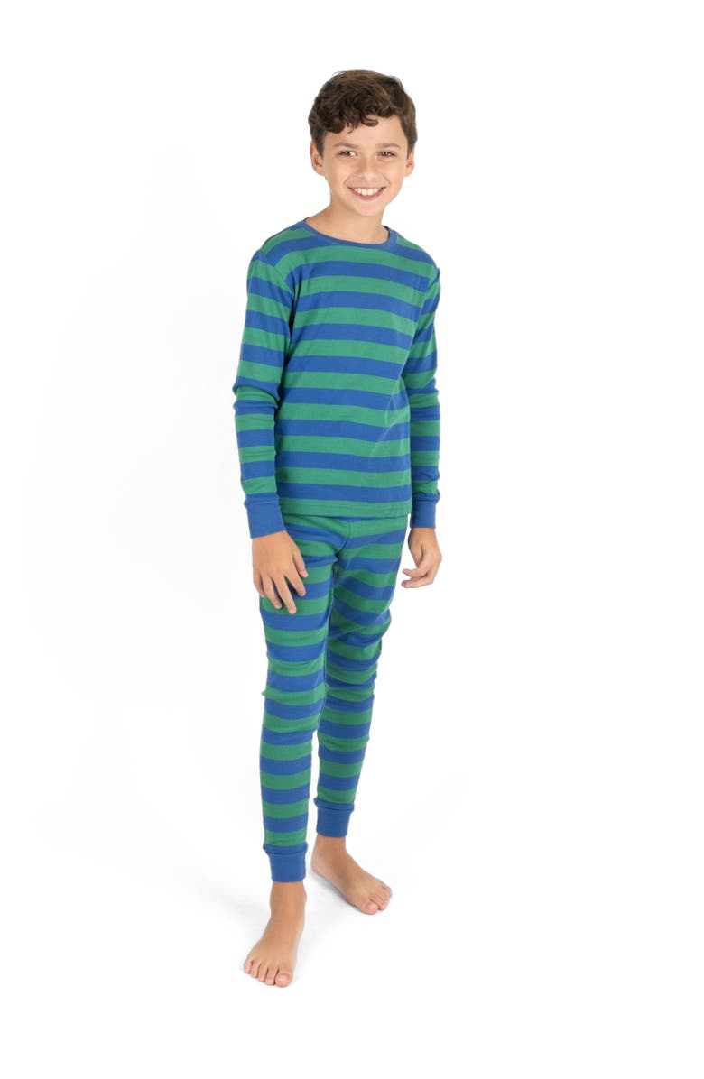 Leveret Kids Cotton Two-Piece Pajamas, Stripes, Solids & Tie Dye, Alternate, color, Striped Blue & Green