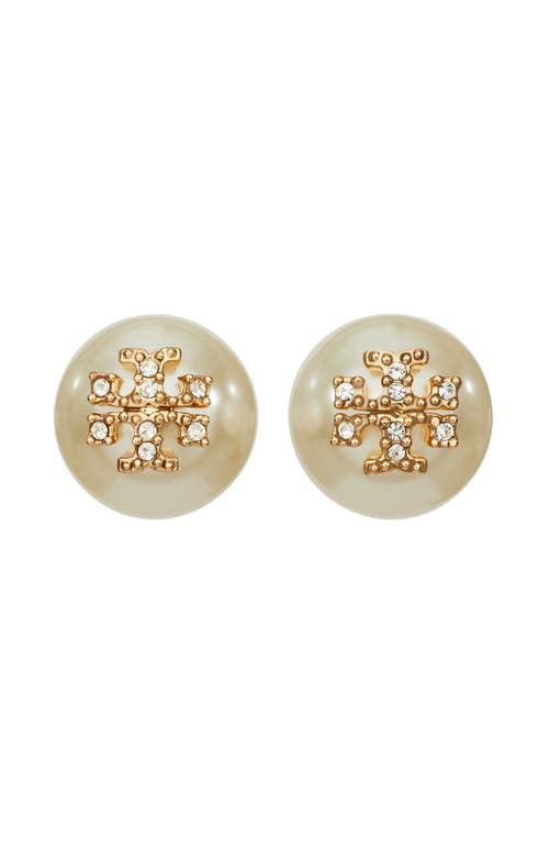 Tory Burch Kira Stacked-t Logo Faux Pearl Stud Earrings In White