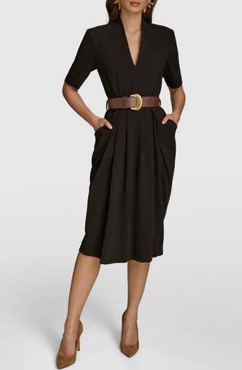 【Donna Karan New York】Notched Collar Belted Dress DKNY by Donna Karan Tech Taffeta Notch Collar Neck