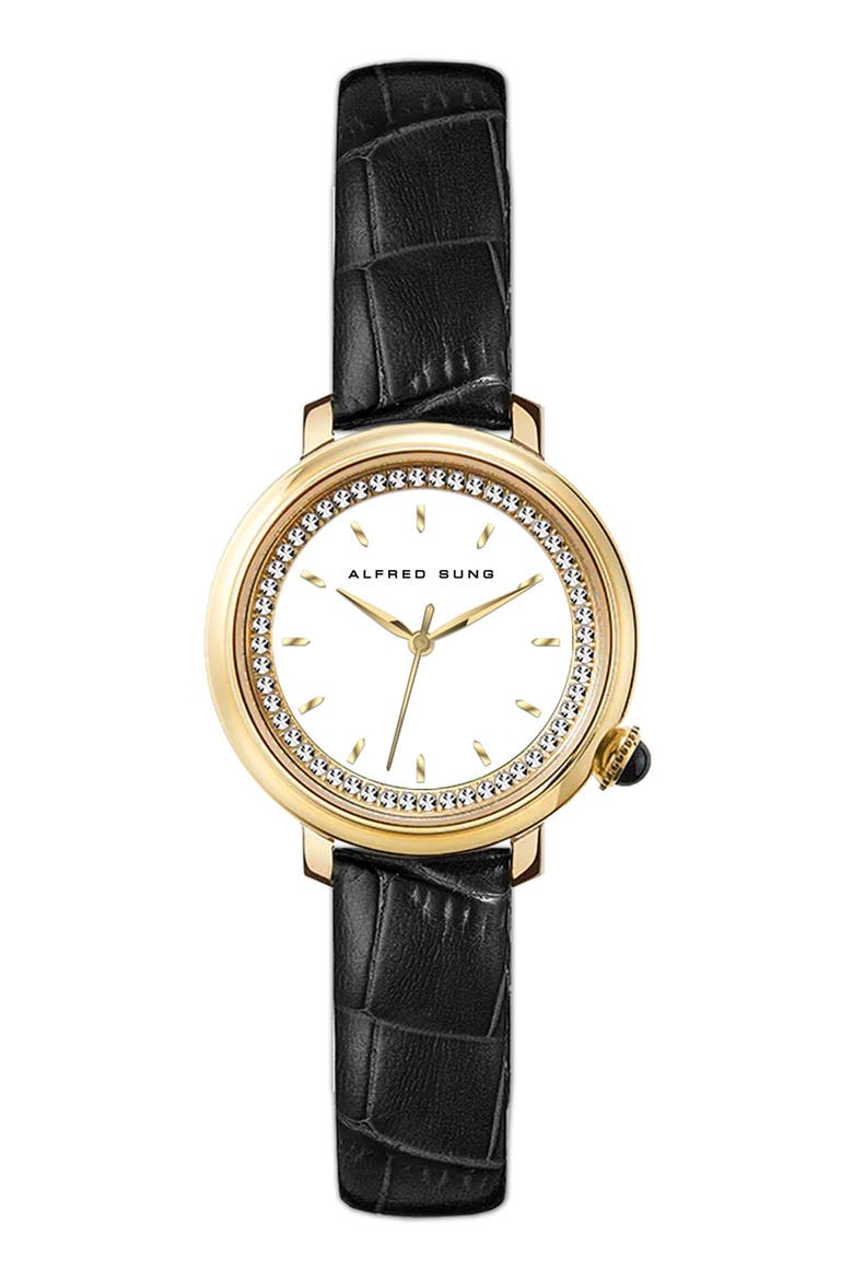 Three-Hand Quartz Crystal Bezel Leather Strap Watch, 29mm, Main, color, WHITE/BLACK