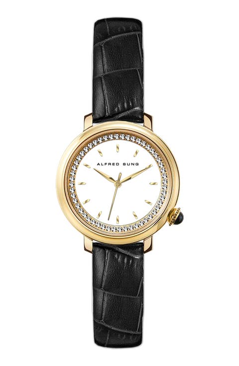 Three-Hand Quartz Crystal Bezel Leather Strap Watch, 29mm