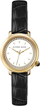 Alfred Sung Three-Hand Quartz Crystal Bezel Leather Strap Watch, 29mm