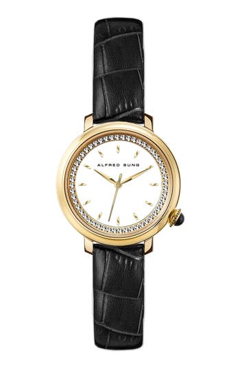 Alfred Sung Three-hand Quartz Crystal Bezel Leather Strap Watch, 29mm In Blue