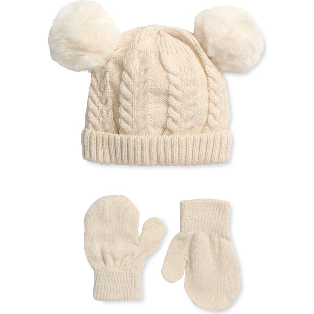 Capelli New York Pom Pom Cable Knit Cap & Mittens Set In Neutral