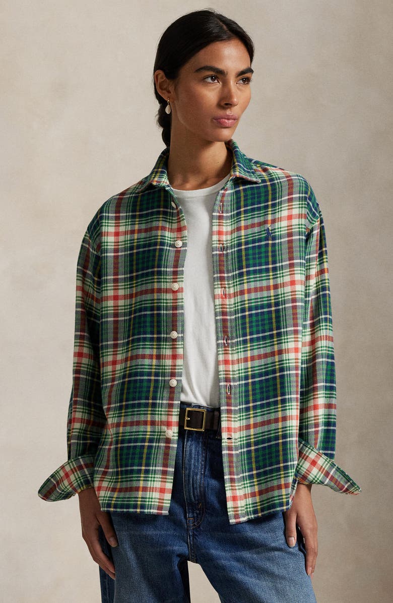 Polo Ralph Lauren Plaid Cotton Flannel Button-Up Shirt, Alternate, color, Cream-Navy-Green Multi