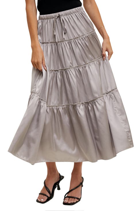 Tiered Satin Midi Skirt