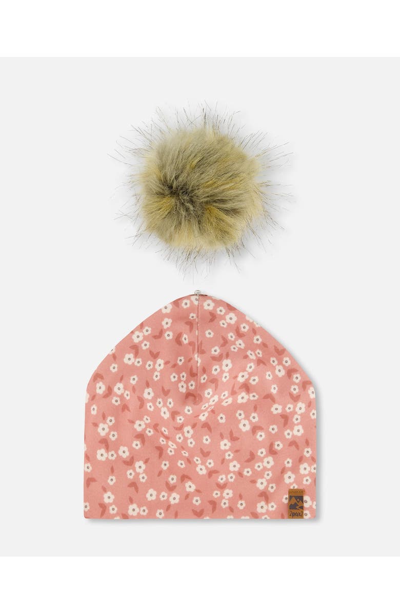 Deux par Deux Girl's Printed Jersey Detachable Pompom Hat Small White Flowers On Pale Pink, Alternate, color, White Flowers On Pale Pink