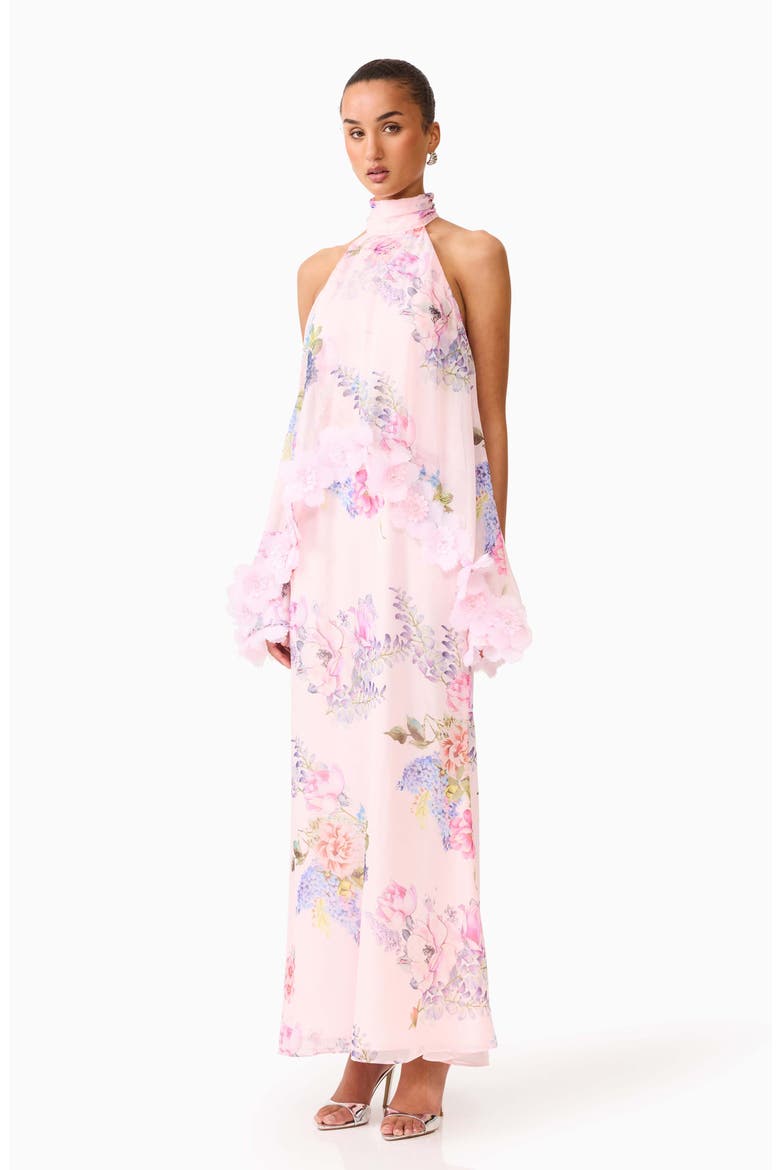 Millie Floral Appliqué Tiered Halter Neck Gown, Alternate, color, PINK MULTI