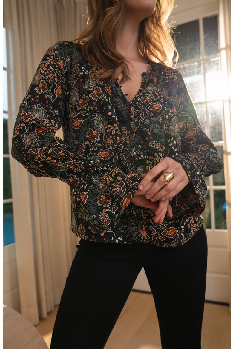 Floral Pintuck Detail Sateen Top, Alternate, color, BLK/ RUST MULTI