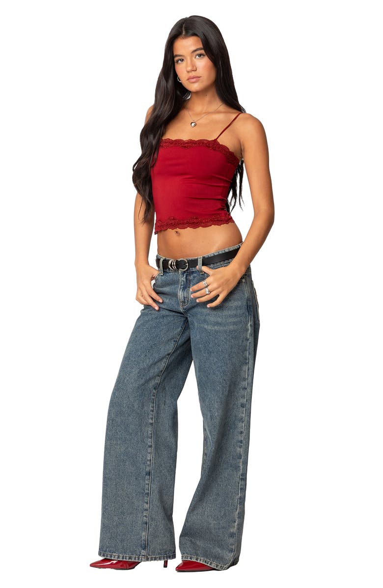 EDIKTED Cruella Lace Trim Crop Camisole, Alternate, color, Burgundy