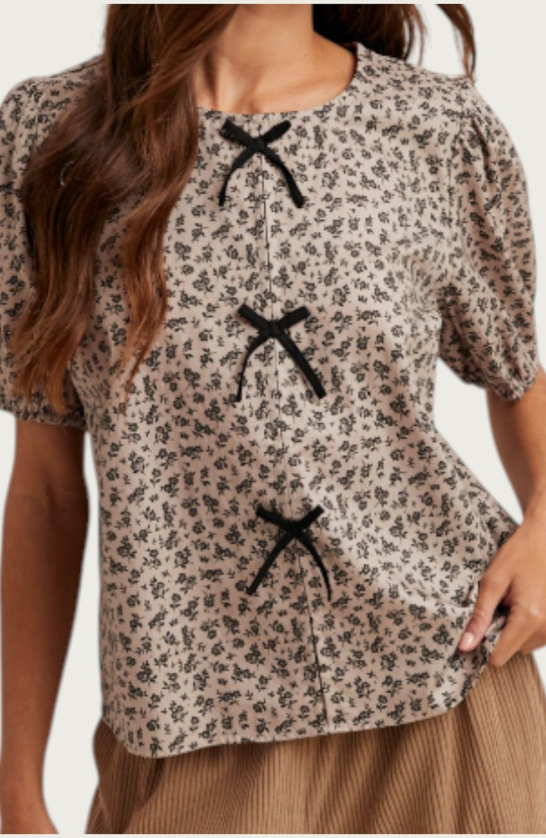 Modenaire Floral Puff-Sleeve Crewneck Velvet Bow-Accented Blouse, Alternate, color,