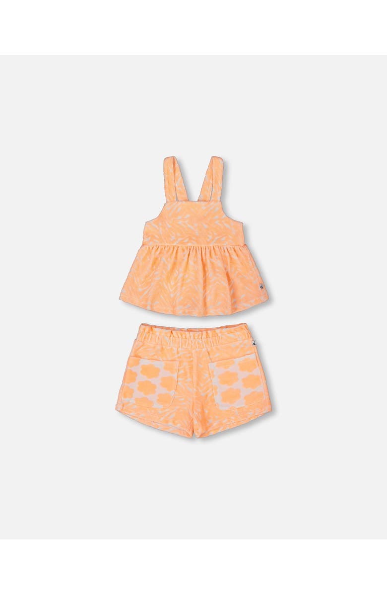 Deux par Deux Little Girl's Printed Terry Tank Top And Shorts Set Vibrant Orange And White, Main, color, Vibrant Orange And White