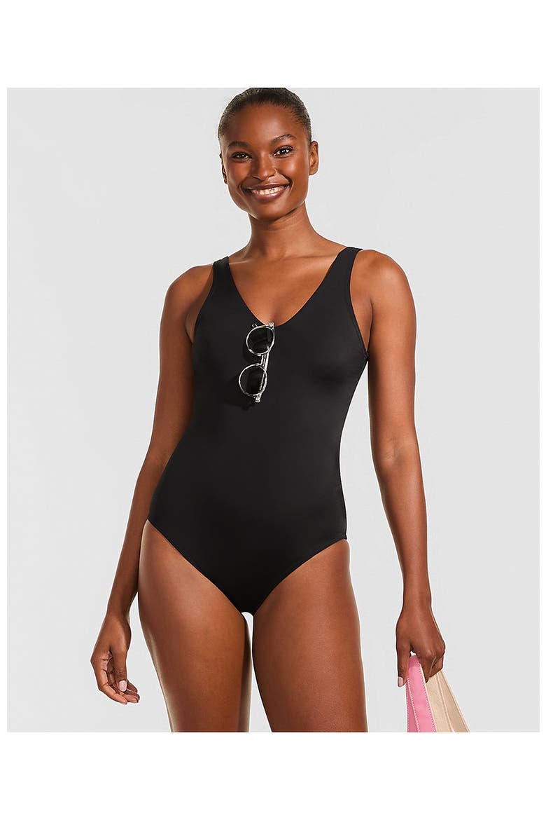 Tugless V-Neck High Leg One Piece Swimsuit, Alternate, color, Black