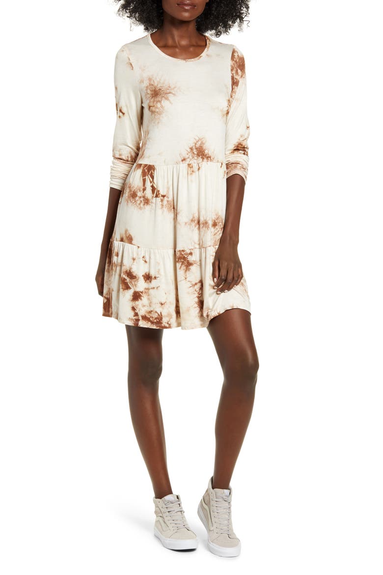 Tie Dye Long Sleeve Babydoll Dress, Main, color, TAN TIE DYE