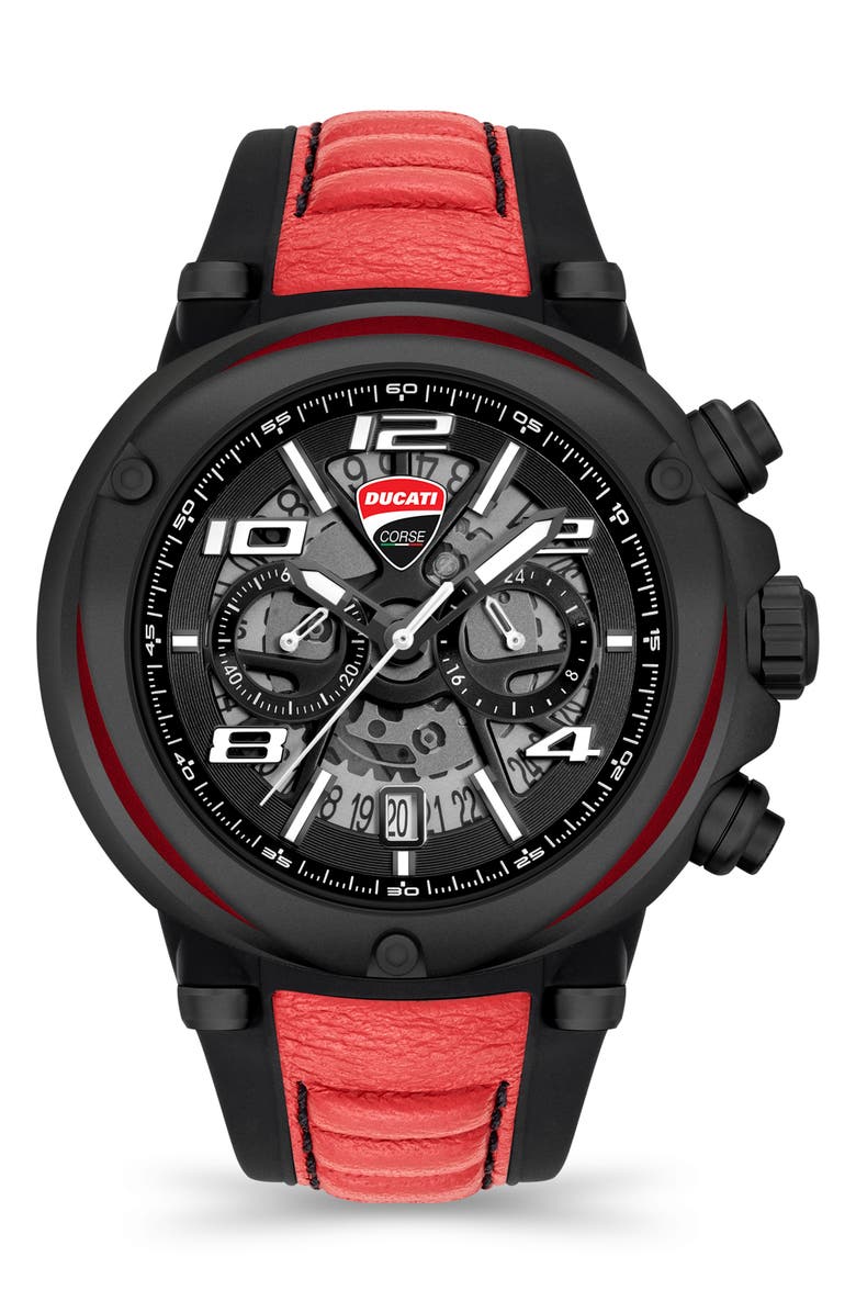 Ducati Corse Partenza Leather Strap Chronograph Watch, 49mm, Main, color,