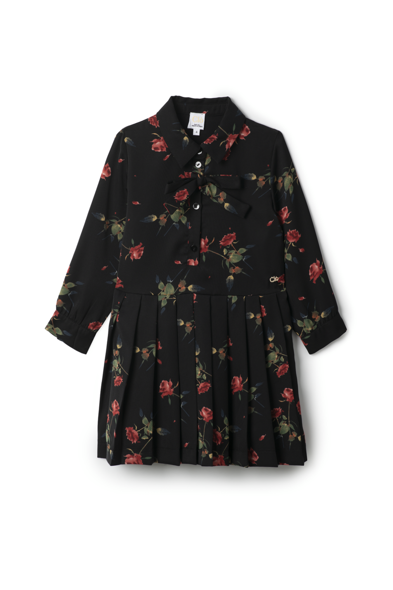 Long Sleeve Woven Rose Print Dress, Main, color, Black