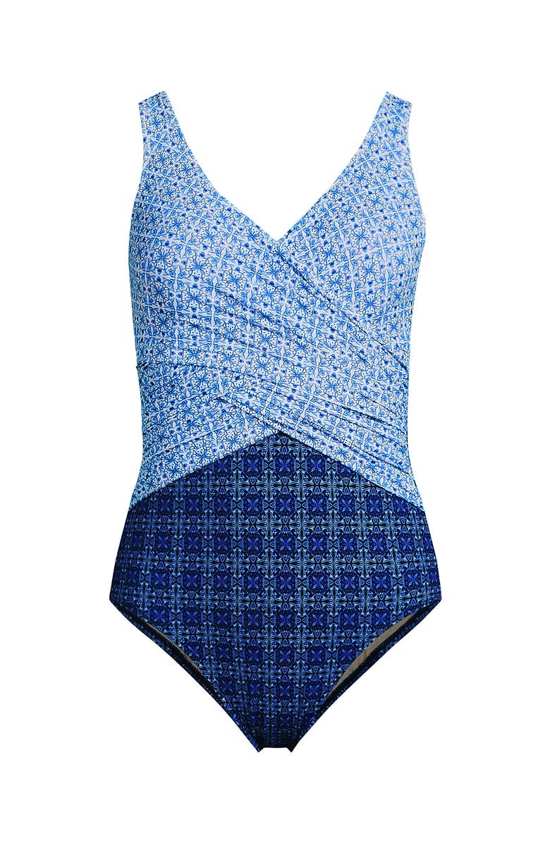 Lands' End D-Cup Slender Suit Wrap One Piece Swimsuit, Alternate, color, Navy/White Mosaic Mini Tile