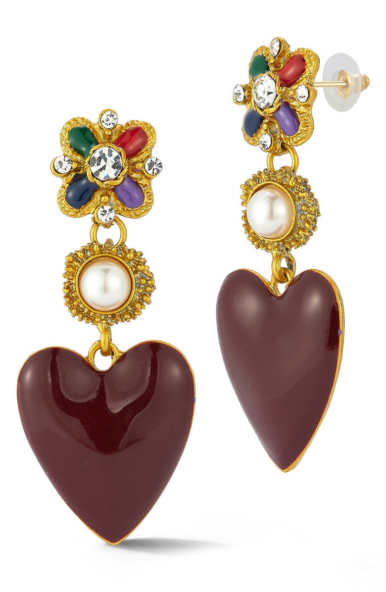 SPHERA MILANO Faux Pearl Heart Drop Earrings, Main, color, Gold