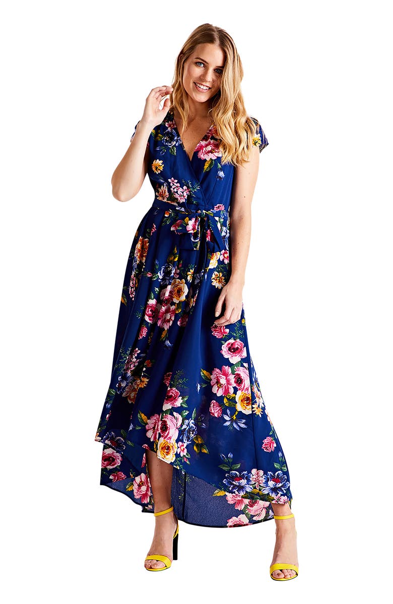 Yumi Floral Print Dipped Hem Wrap Midi Dress, Main, color, Navy