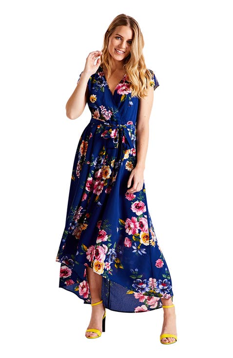 Floral Print Dipped Hem Wrap Midi Dress