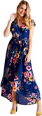 Yumi Floral Print Dipped Hem Wrap Midi Dress