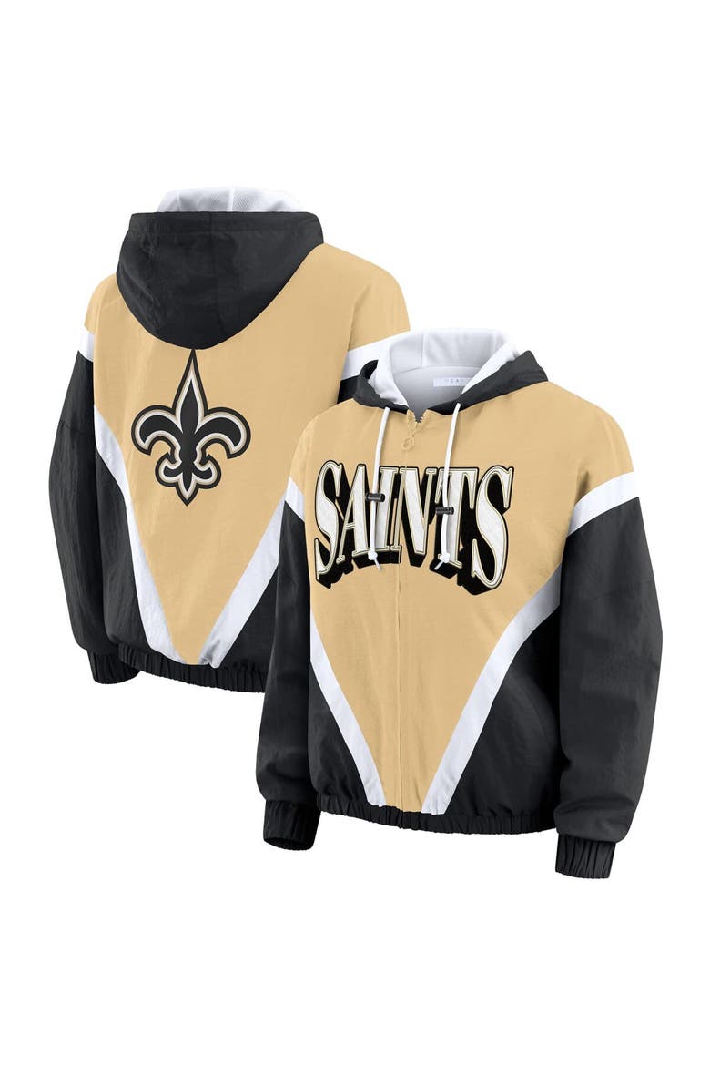 Women's WEAR by Erin Andrews Gold/Black New Orleans Saints Retro Crinkle Full-Zip Hoodie Windbreaker, Main, color, Gold
