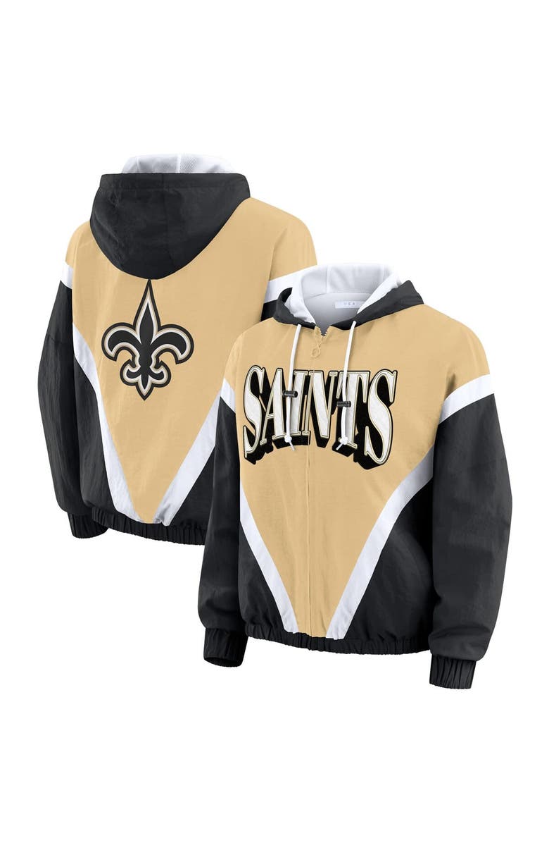 WEAR by Erin Andrews Women's WEAR by Erin Andrews Gold/Black New Orleans Saints Retro Crinkle Full-Zip Hoodie Windbreaker, Main, color, Gold