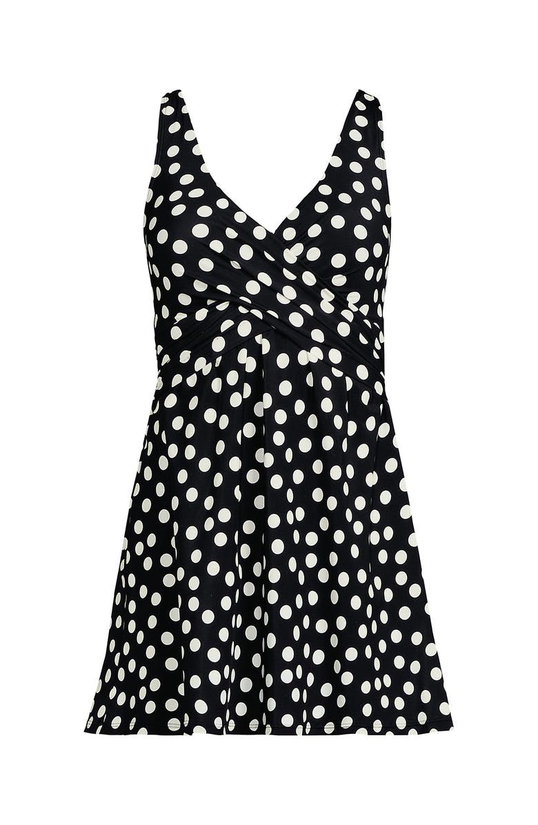 Lands' End D-Cup Slender Suit Wrap Swim Dress Swimsuit Print, Alternate, color, Black/Egret White Tossed Dots