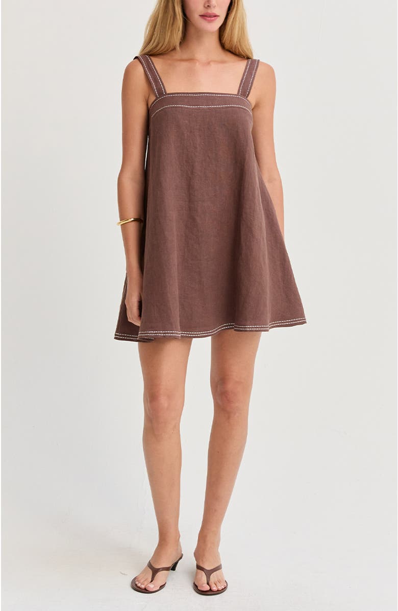 CRESCENT Contrast Stitch Square Neck Linen Mini Dress, Alternate, color, Brown