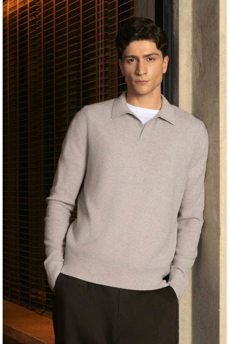 Olivier Birdseye Cashmere Long Sleeve Polo, Alternate, color, Toasted Oat