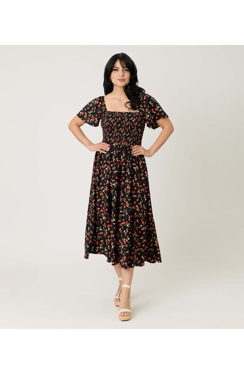 Unique Vintage Smocked Bodice Midi Dress, Main, color, Black W/Strawberry Print