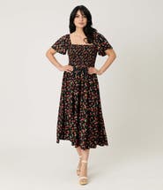 Unique Vintage Smocked Bodice Midi Dress