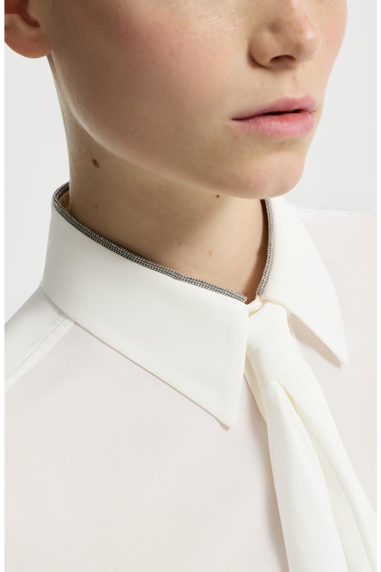 Silk crêpe de Chine shirt with tie and shiny collar, Alternate, color, White