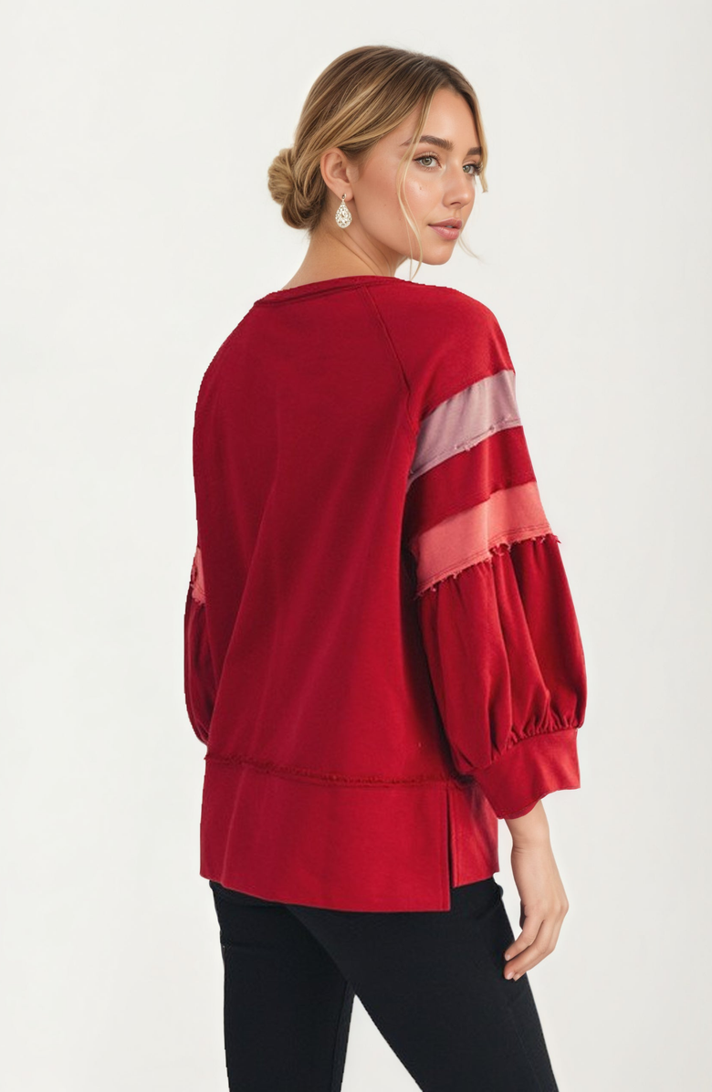 Knit and Lounge Relaxed Crewneck Statement Sleeve Stripe Top, Alternate, color,