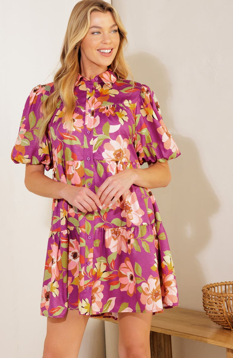 FLYING TOMATO Puff Sleeve Mini Shirtdress, Alternate, color, Purple