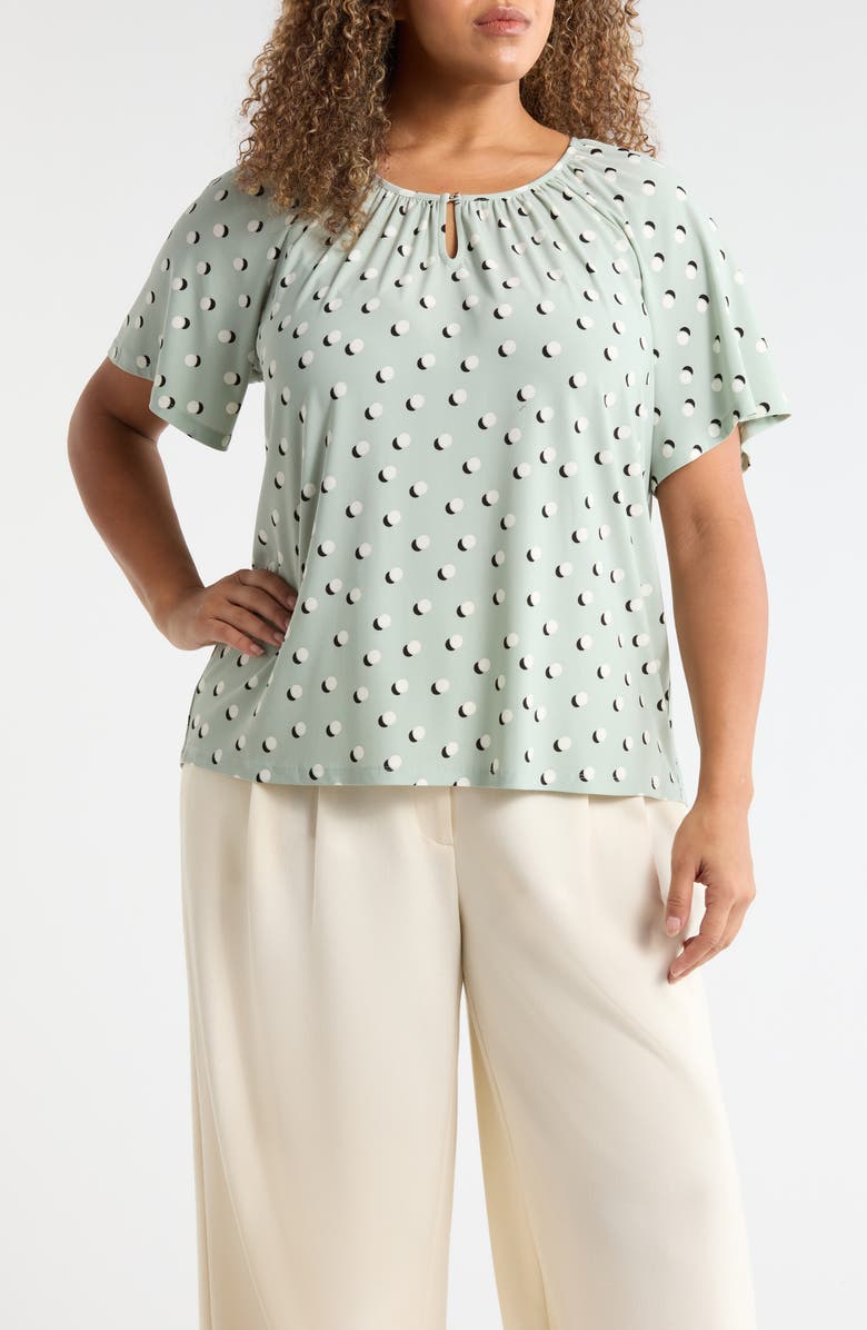 AK ANNE KLEIN Dot Print Keyhole Peasant Top, Main, color, Soft Aloe Multi