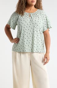 AK ANNE KLEIN Dot Print Keyhole Peasant Top