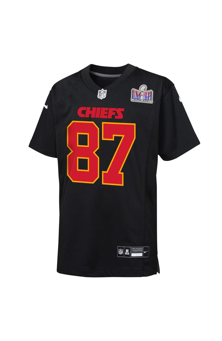 Nike Youth Nike Travis Kelce Black Kansas City Chiefs Super Bowl LVIII Patch Carbon Fashion Game Jersey, Alternate, color, 