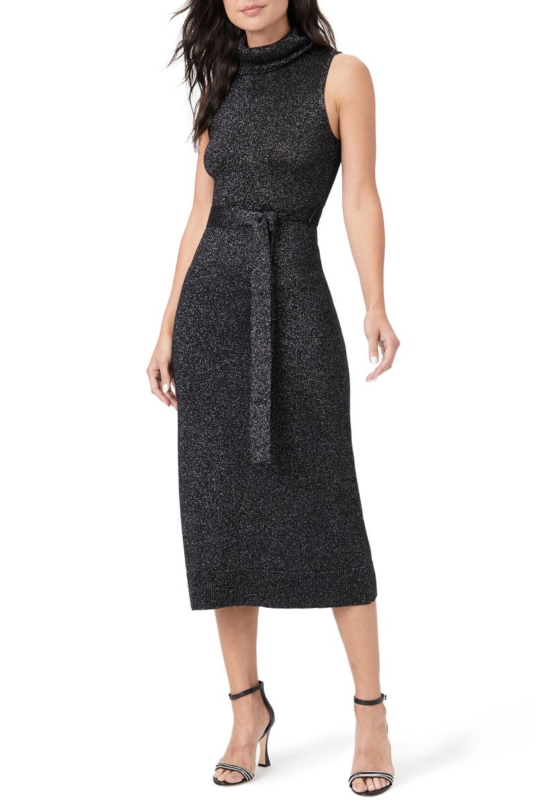 Zoelle Tie Waist Turtleneck Sweater Dress, Alternate, color, BLACK/ GUNMETAL