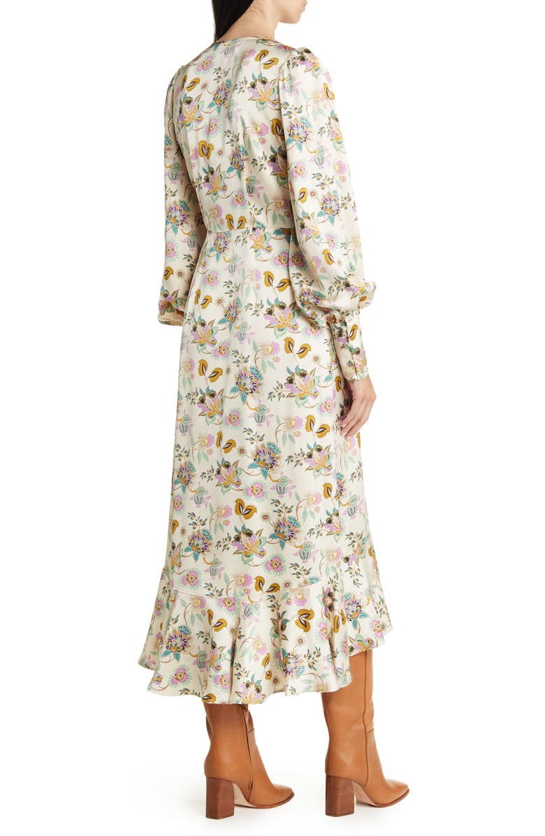 & Other Stories Paisley Ruffle Long Sleeve Satin Wrap Dress, Alternate, color, Beige