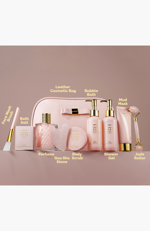 Lovery Luxury Enchanted Rose Bath & Body Beauty Kit With Leather Bag, Jade Roller & More In Light Pink/gold