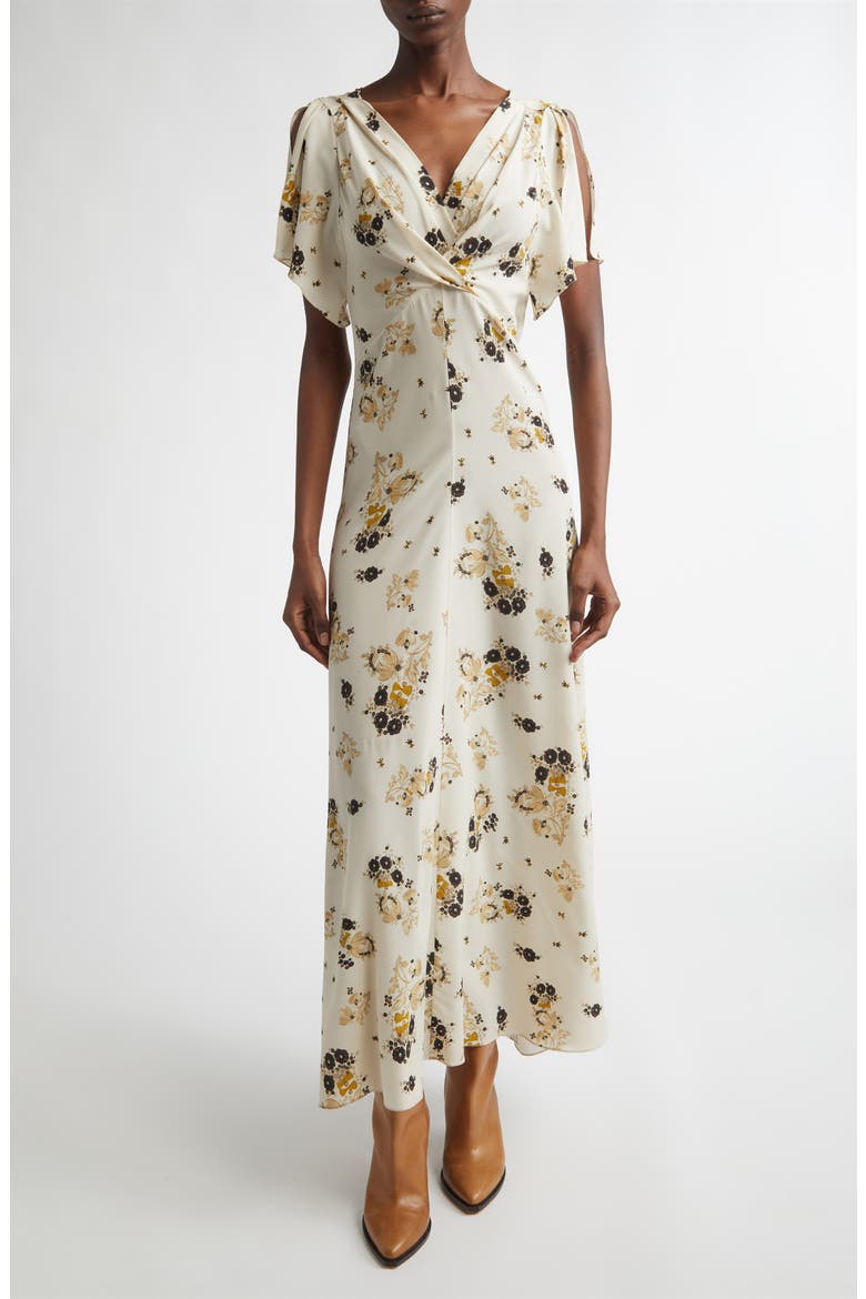 Falja Floral Stretch Silk A-Line Dress, Main, color, ECRU