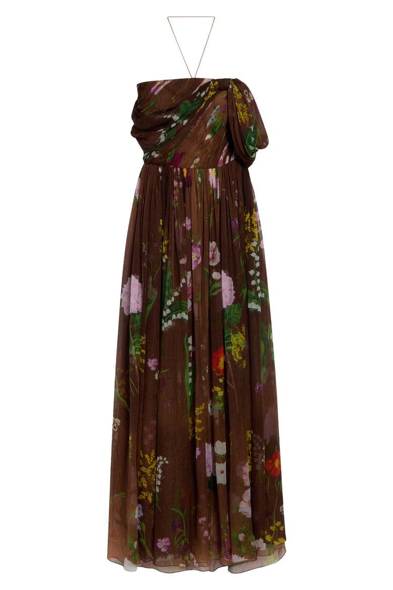 Floral One-Shoulder Silk Chiffon Gown, Main, color, BROWN MULTI