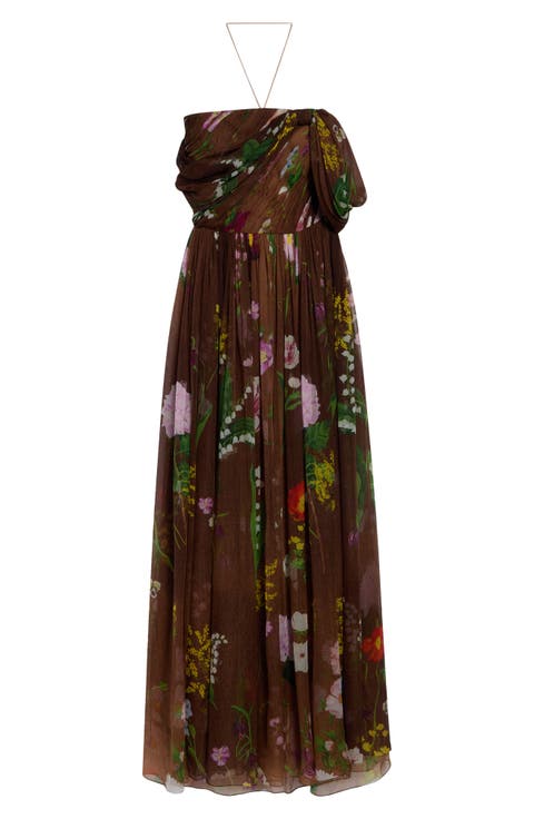 Floral One-Shoulder Silk Chiffon Gown