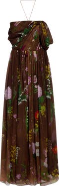 Oscar de la Renta Floral One-Shoulder Silk Chiffon Gown
