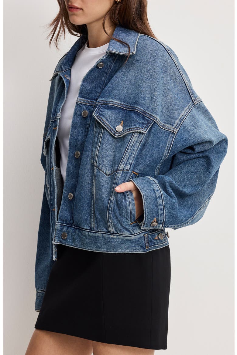 Pleated Denim Trucker Jacket, Alternate, color, INDIGO1032
