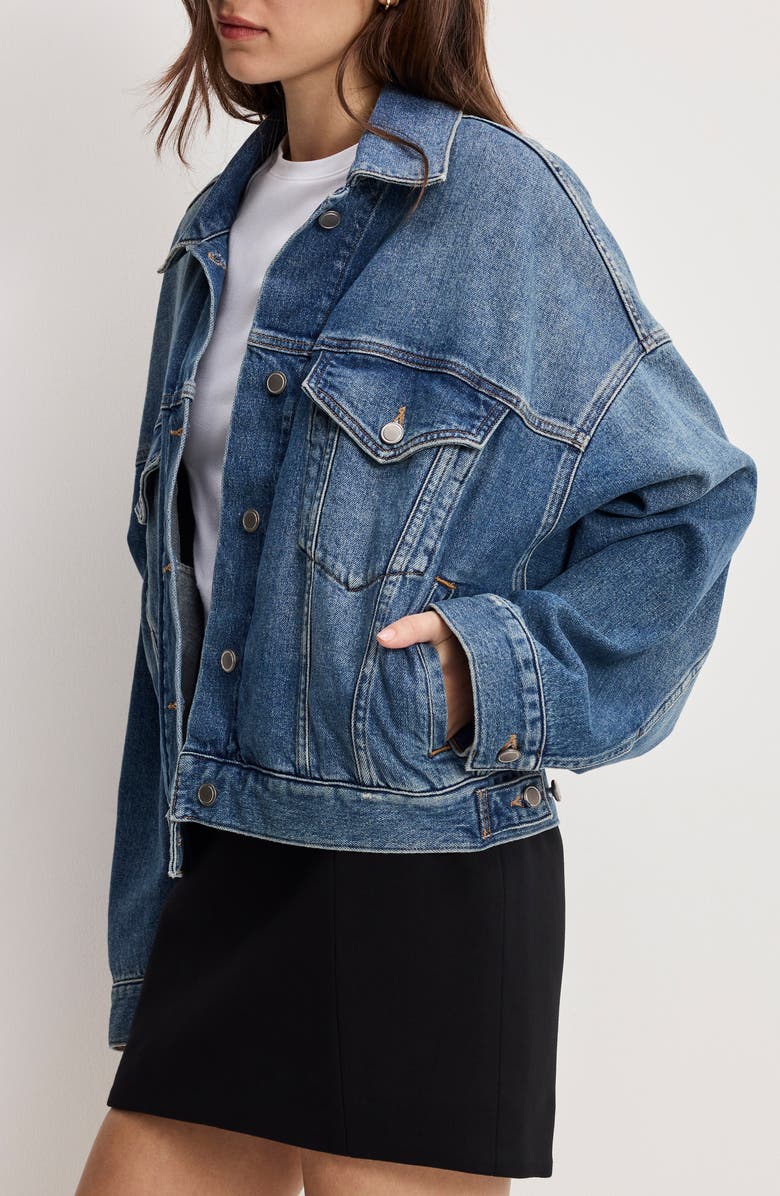 Good American Pleated Denim Trucker Jacket, Alternate, color, Indigo1032