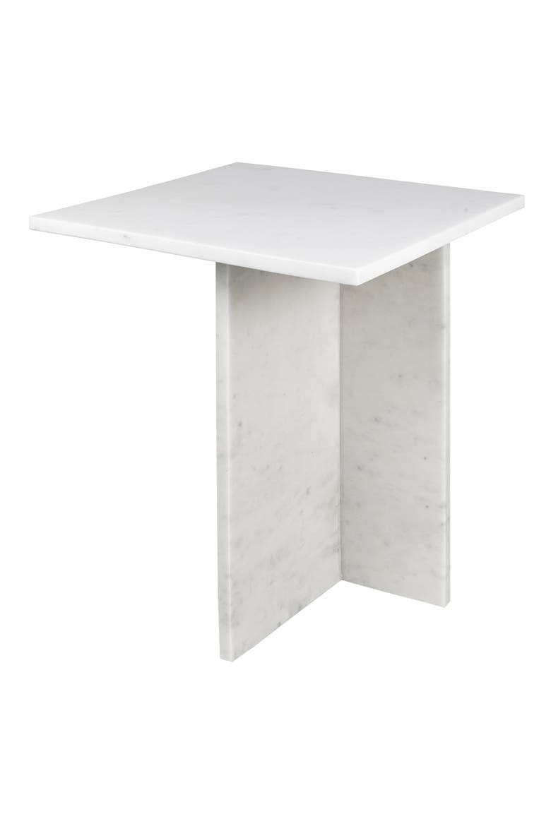 Cecil Modern Square Marble End Table with Cross Base, Solid Stone Accent Side Table for Living Room, Main, color, White