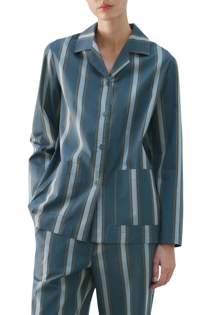 MANGO Stripe Cotton Button-Up Pajama Shirt, Main, color, Turquoise