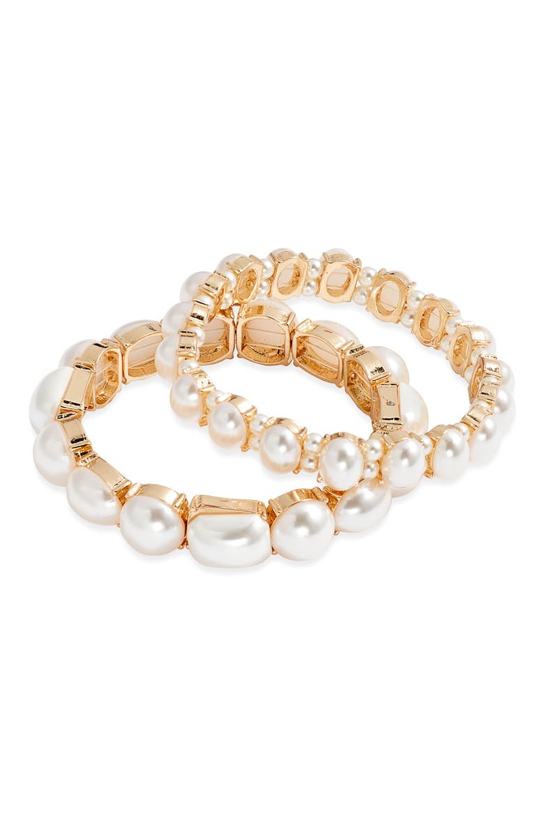 Set of 2 Faux Pearl Stretch Bracelets, Main, color, WHITE- GOLD